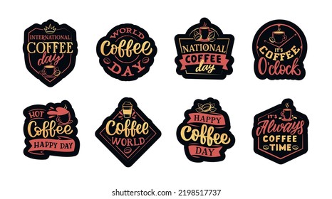 
El conjunto de stickers sobre el día nacional del café. Las citas con letras en forma de parches
