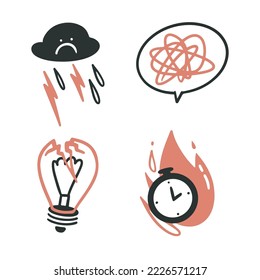 A set of stickers about sadness, apathy, stress, emotional problems. Contact a psychologist. mental health. A sad cloud, a bubble with confused thoughts, a deadline, a loss of time, a broken lamppost,