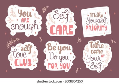 Set of stickers about self care and love. Collection of trendy lettering pieces with flower and leaves decorations. Pastel feminine colors. Pretty doodle designs.