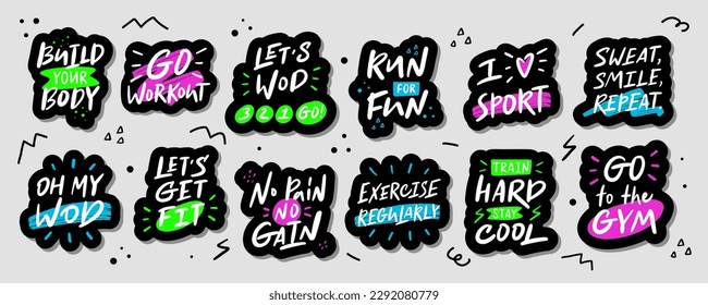 Set of stickers about sport. Vector modern calligraphy artwork. Concept for runner, fitness trainer, gym ad, bodybuilders, healthy life. Graphic for social media, business card, tee print.