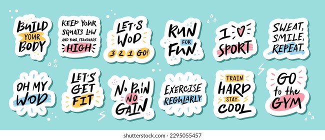 Juego de stickers sobre el deporte. Obra moderna de caligrafía vectorial. Concepto para corredor, entrenador de fitness, anuncio de gimnasia, constructores de cuerpos, vida saludable. Gráfico para medios sociales, tarjeta de visita, tee print.