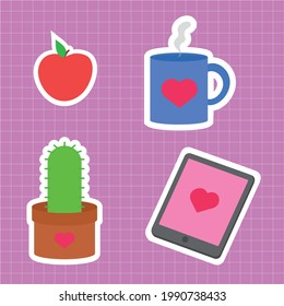 Conjunto de stickers sobre estudios, relajación, plantas y comida. Té, café, fruta y pegatina de cactus.