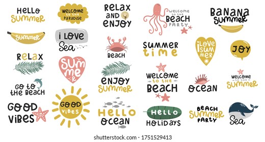 set of stickers about summer and sea, beach and ocean, beach party, lettering hand drawing calligraphy, vector 