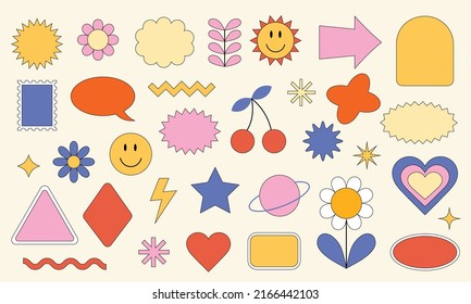 A set of stickers with abstract figures in the style of the 1990s. Vector shapes in pastel shades isolated on a light background.