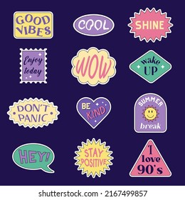 A set of stickers with abstract shapes and quotes in the style of the 1990s. Vector colorful elements isolated on a dark background.