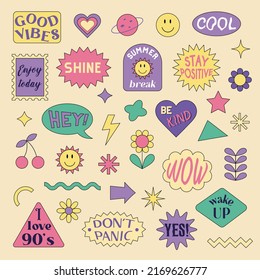 A set of stickers with abstract shapes and quotes in the style of the 1990s. Vector colorful elements isolated on a дшпре background