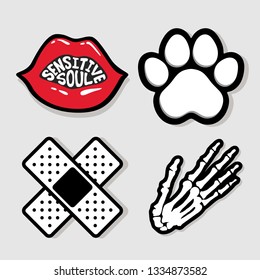 Set of stickers: Adhesive plaster,Sensitive soul Red lips, cat and dog animal paw icon for mobile concept and web apps. sketch can be used for web and mobile on white background.  patch sign, vector.