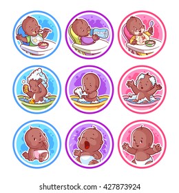 Set of stickers with african american babies. Baby food and bathing. Vector cartoon illustration isolated on a white background.