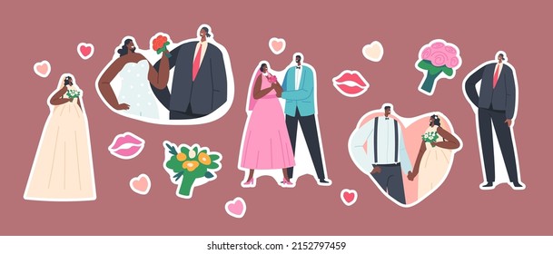 Set of Stickers African Couples Wedding Ceremony, Contemporary Black Groom and Bride Characters Wear Festive Clothes, Newlywed Man and Woman Love, Marriage Party. Cartoon People Vector Illustration
