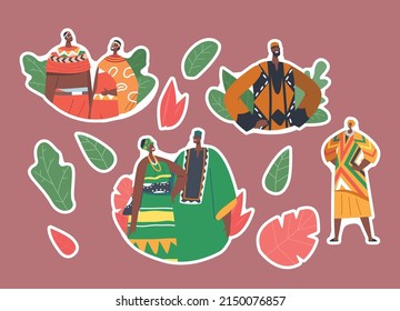 Conjunto de pegatinas de africanos en trajes tradicionales aislados. Personajes masculinos femeninos en coloridos disfraces y paños de cabeza nacionales, cultura tribal primitiva. Ilustración del vector de dibujos animados