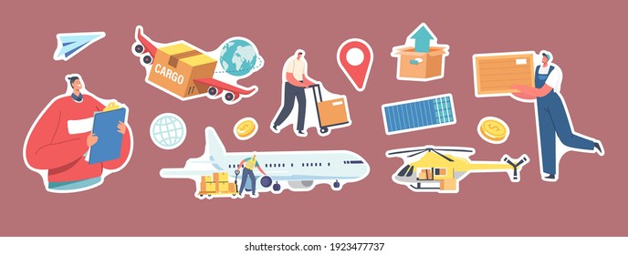 Set of Stickers Air Cargo Transportation Theme. Loader Characters Loading Parcels on Airplane and Helicopter, Winged Box, Navigation Pin, Worker with Forklift. Cartoon People Vector Illustration