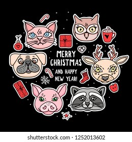 Set stickers animal face. Merry Christmas and Happy New Year card on black. Vector hand drawn heads Deer, french bulldog, cat, pig, owl, raccoon