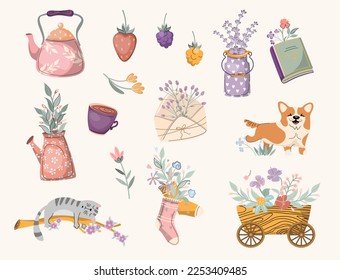 Set of stickers animal flowers and objects spring. Clipart, isolated image. Vector illustration.