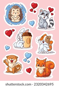 Conjunto de stickers, animales al estilo de las caricaturas. ardilla, perro, erizo, gato, mapache