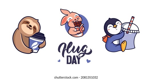 El conjunto de stickers animales abrazando la comida es bueno para abrazar el día. El logo perezoso, conejito, pingüino enamorado es bueno para diseños de vacaciones. La caricatura en una ilustración vectorial