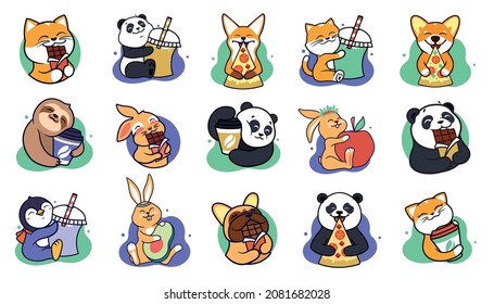 The set of stickers animals hugging food. The cartoon sloth, bunny, fox, cat, panda, dog love eating and drinking is good for logo designs. The big collection  in a vector illustration

