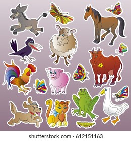 Set of stickers with the animals on the farm. Vector