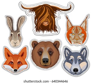 Set of stickers with animals: Yak, bear, Fox, wolf, lynx, hare. Vector illustration.