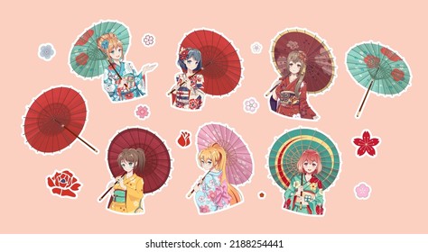 Set of stickers anime manga girl in kimono and umbrella