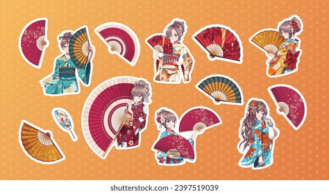 Juego de stickers anime a la chica manga en kimono y ventilador de papel portátil. Ilustración del vector de dibujos animados