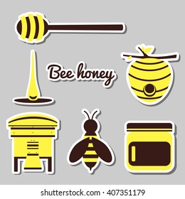 Set of stickers for apiary or labels for store of honey. Flat icons isolated on gray background. Vector illustration.