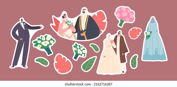 Set of Stickers Arab Couples Wedding Ceremony, Traditional Muslim Groom and Bride Characters Wear Festive Clothes and Bouquets, Islamic Newlywed Celebrate Marriage. Cartoon People Vector Illustration