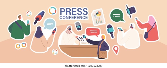 Set of Stickers Arab Press Conference, Briefing with Speaker. Arabic Man Speak to Audience, Journalists or Press Media Workers with Microphones Listen Character on Tribune. Cartoon Vector Patches