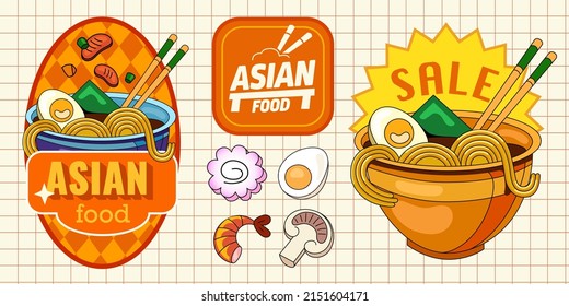 Set of stickers with asian cuisine. Logo in asian style and food elements on a light background. Decorated with a pattern on the typography. Can be used for website rental menu banners