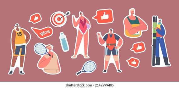 Set Of Stickers Athletes Male And Female Characters Runner, Tennis Or Basketball Player, Skier, Weightlifter And Gymnast Wear Uniform, Isolated Aim, Racket, Water. Cartoon People Vector Illustration