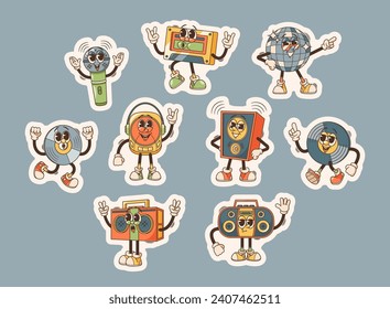 Set Of Stickers, Audio Technique Characters In Cartoon Retro Style. Dynamics, Tape And Recorder, Microphone, Player