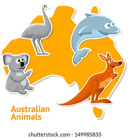 Set of stickers with australian animals with the map as a background.