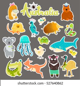 Set of stickers with Australian baby animals. Spider, parrot, wombat, lizard, jellyfish, shark, crocodile, koala, kangaroo, platypus, turtle, tasmanian devil, snake, birds.