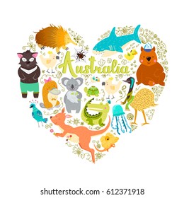Set of stickers with Australian baby animals. Spider, parrot, wombat, lizard, jellyfish, shark, crocodile, koala, kangaroo, turtle, tasmanian devil, birds.