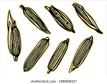 A set of stickers, autumn corn harvest, different types. Design for plotter cutting.