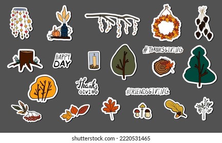 set of stickers with autumn decorations: leaves, trees, mushrooms, wreaths, cones, plants, herbs. Handwritten Thanksgiving stickers