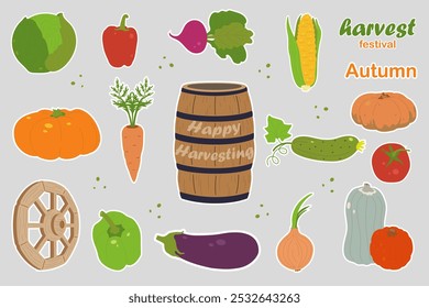 Conjunto de pegatinas para el festival de la cosecha de otoño con verduras, un barril y una rueda de carro. El concepto de vacaciones y abundancia de productos agrícolas. Feliz cosecha.