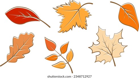 Set of stickers. Autumn leaves. Stickers. Hand drawn. Yellow autumn. Logotype