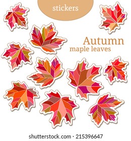 Set stickers with autumn red maple leaves