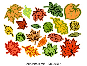 A set of stickers, autumn tree leaves of different types. Design for plotter cutting. Multi-colored simple illustration.