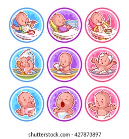 Set of stickers with babies. Baby food and bathing. Vector cartoon illustration isolated on a white background.