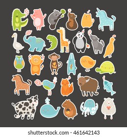 Set of stickers with baby animals. Vector pig, rabbit, monkey, lion, sheep, bird, goose, panda, koala, cow, jellyfish, cat, hen, dog, fox, elephant, crocodile, unicorn, giraffe, owl, turtle, horse