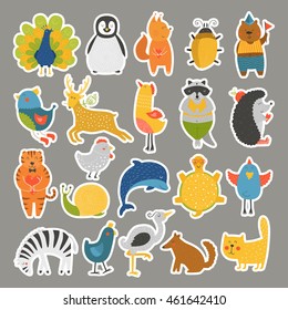 Set of stickers with baby animals. Vector Cat, peacock, penguin, beetle, bear, bird, deer, raccoon, hedgehog, dolphin, heron, tortoise, zebra, dog, snail