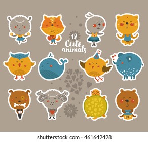Set of stickers with baby animals. Vector fox, rabbit, cat, merinos, bird, elephant, whale, turtle, bear, dog, owl and sheep
