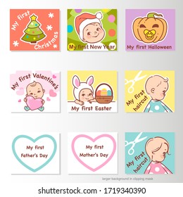 Set of stickers with baby milestones. Achievements and milestones of baby development in first year.  Labels for baby calendar. First holidays. Christmas, easter, halloween. Vector illustration. 