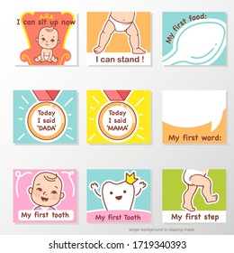 Set of stickers with baby milestones. Achievements and milestones of baby development in first year.  Labels for mother's calendar. Diary of child's life month by month. Vector illustration. 