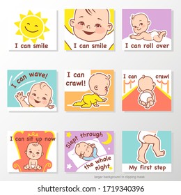 Set Of Stickers With Baby Milestones. Achievements And Milestones Of Baby Development In First Year.  Labels For Mother's Calendar. Diary Of Child's Life Month By Month. Vector Illustration. 