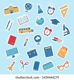 Set of stickers back to school. Educations icons on a blue background. Design for labels, banners.Vector illustration.