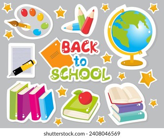 Set of stickers Back to school. Globe, books, apple, pencils, paints, brush, pen, notebook, stars. Vector illustration