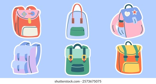 Set of stickers backpack, briefcase, schoolbag hand drawn. School and travel
