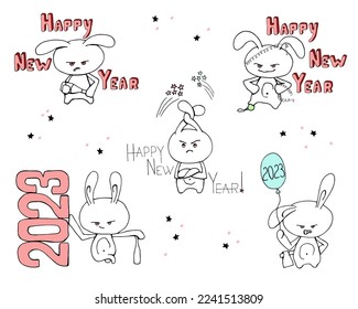Set of stickers with bad bunny. Symbol of 2023 in angry mood with red eyes. Outline doodle illustration.